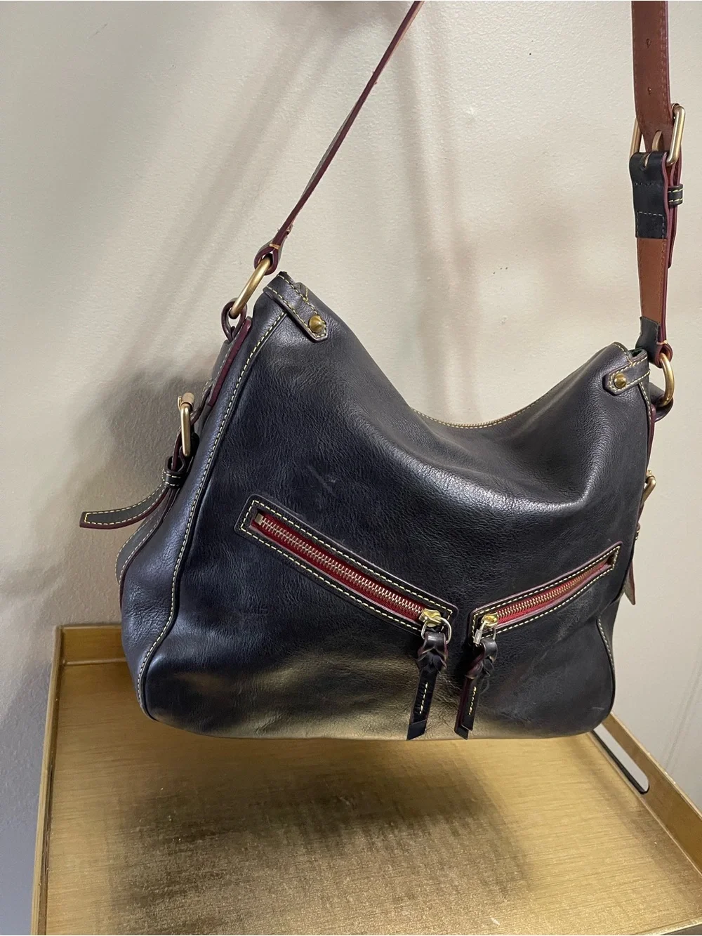 Dooney & Bourke Dark Brown Leather Hobo with Red Zip and Tan Strap